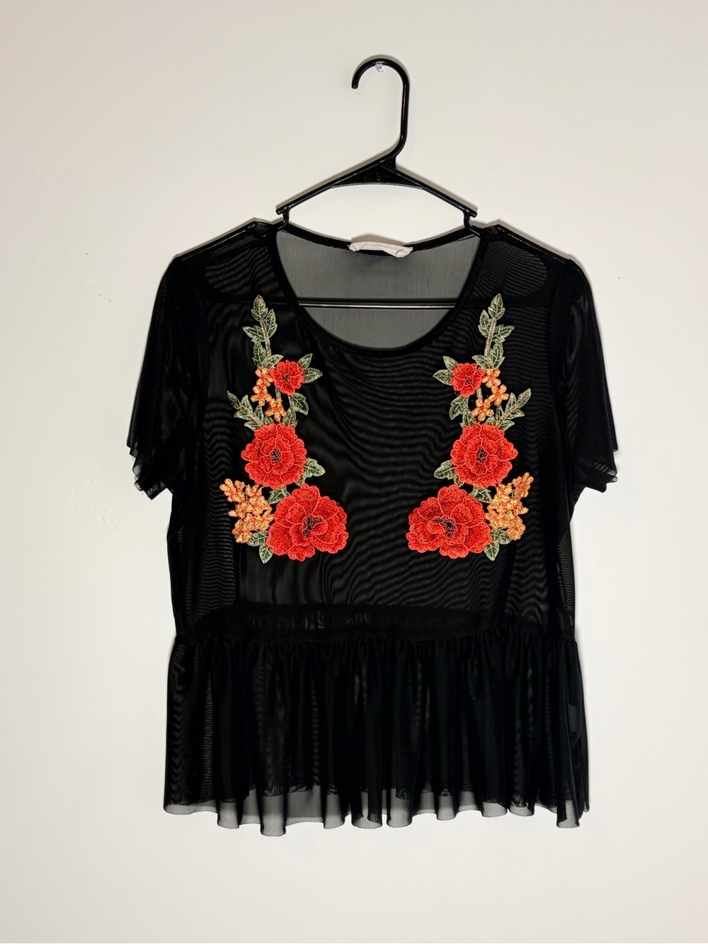 Twinkle by Wenlan Black Mesh Top with Red Floral Embroidery